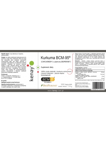 Kurkuma BCM-95® (CURCUGREEN®)  z piperyną (BIOPERINE®) (300 kapsułek) - suplement diety